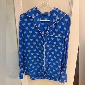 Three J NYC 100% silk Pajama set blue with heart print size Small